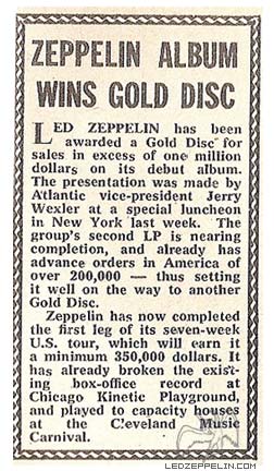 Zeppelin Album Wins Gold Disc (July 1969)