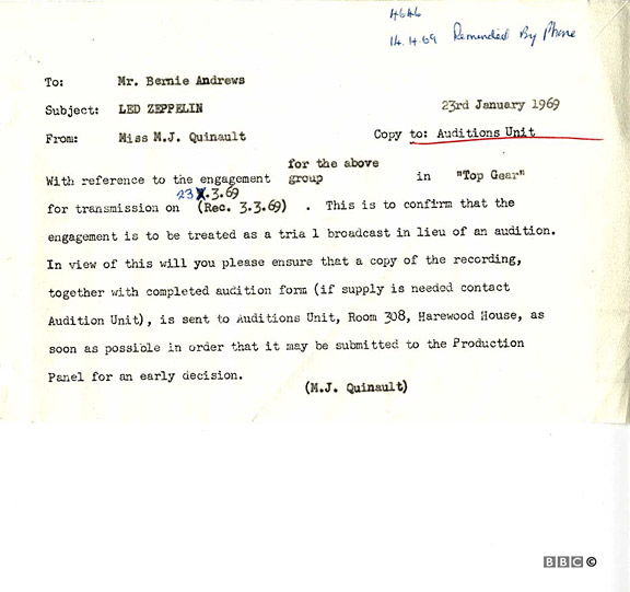 BBC Top Gear - approval letter 1-23-69
