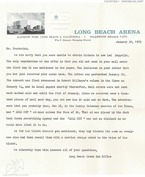 Long Beach 1975 'Sold Out' letter
