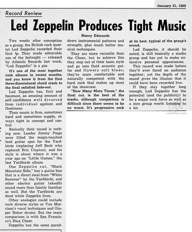 Led Zeppelin I review (1-31-69)