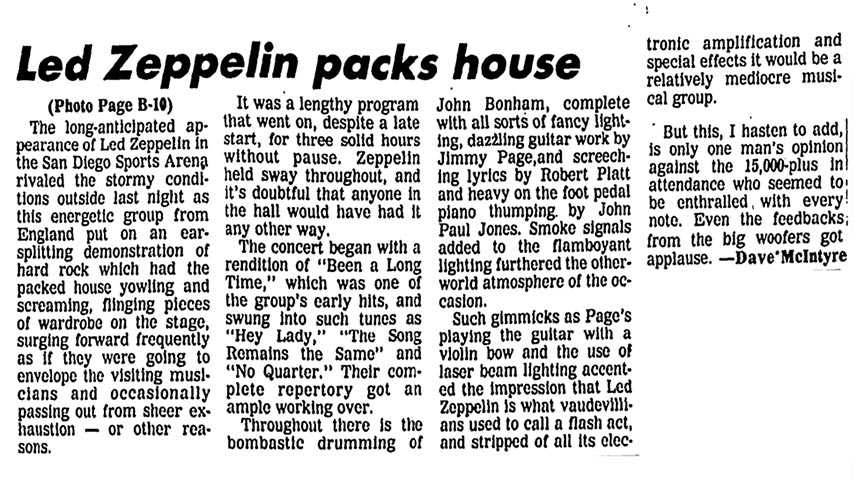 San Diego 3-10-75 Review 'Led Zeppelin Packs House'