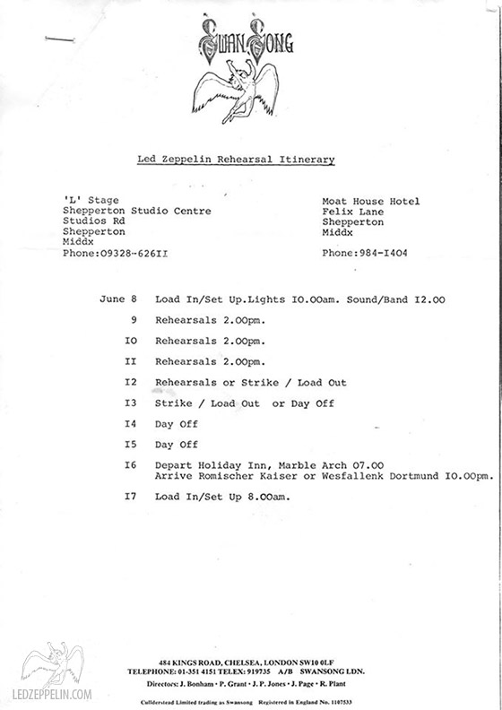 1980 Led Zeppelin Sheppertaon Rehearsals schedule