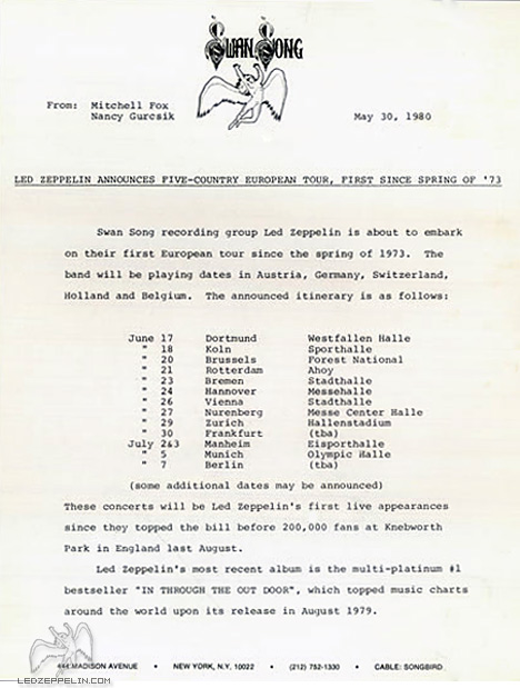 1980 European Tour - Press Release