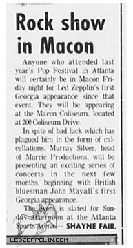 Zep To Play Macon (April 1970) - press