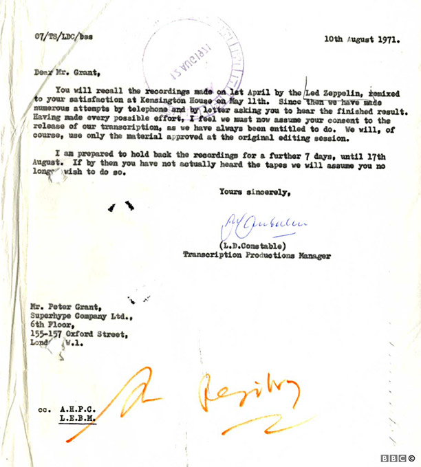BBC - letter to Peter Grant (Aug 1971)