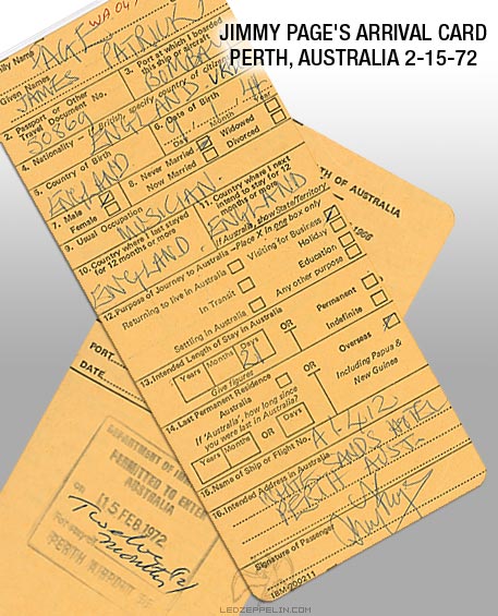Australia 1972 - Jimmy Page entry card