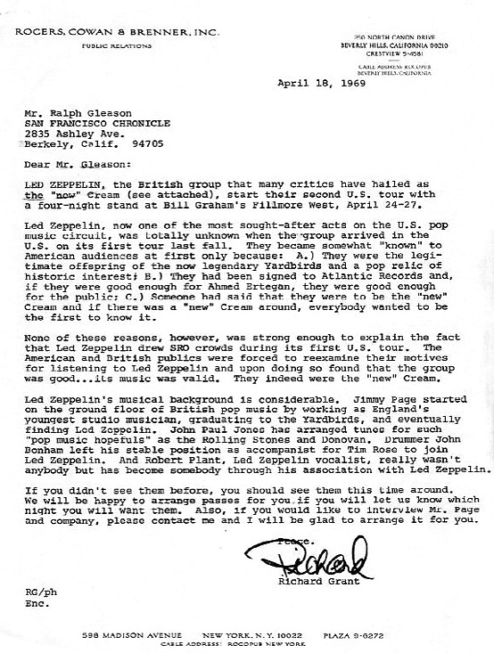 Fillmore W - April 1969 - PR letter to SF Chronicle