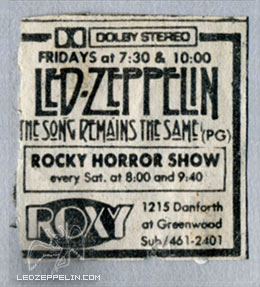 Song Remains the Same (Toronto) Roxy 1980s Weekly Screening ad