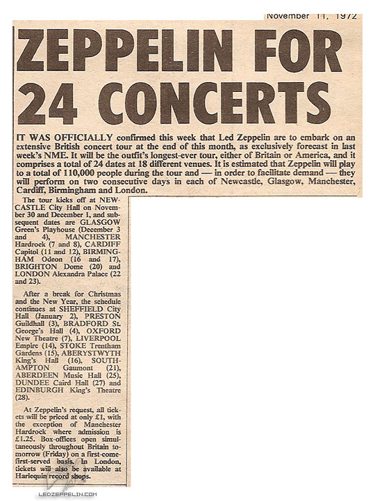 UK 1972 / 73 Tour Announcement