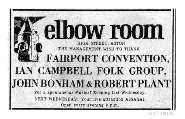 Elbow Room (Birmingham) Thanks Robert Plant, John Bonham, Fairport Convention (August 1971 ad)