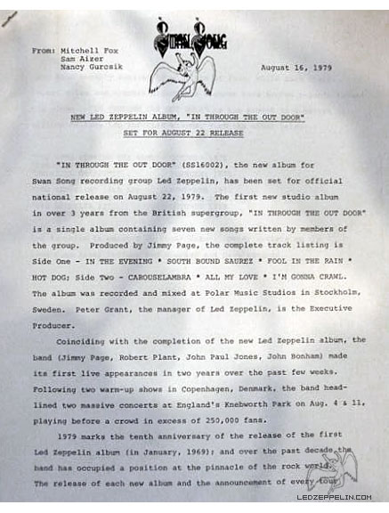 In Through the Out Door - press release. 8-16-79